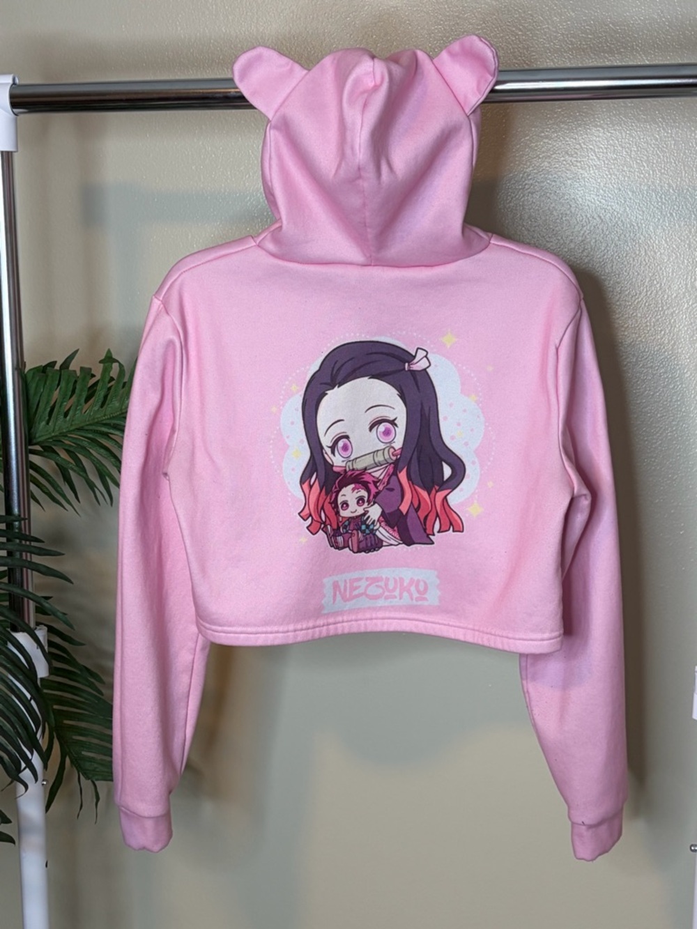 Nezuko Cropped Hoodie Pink Anime Demon Slayer Sweatshirt Cute Ears Y2K Size Med